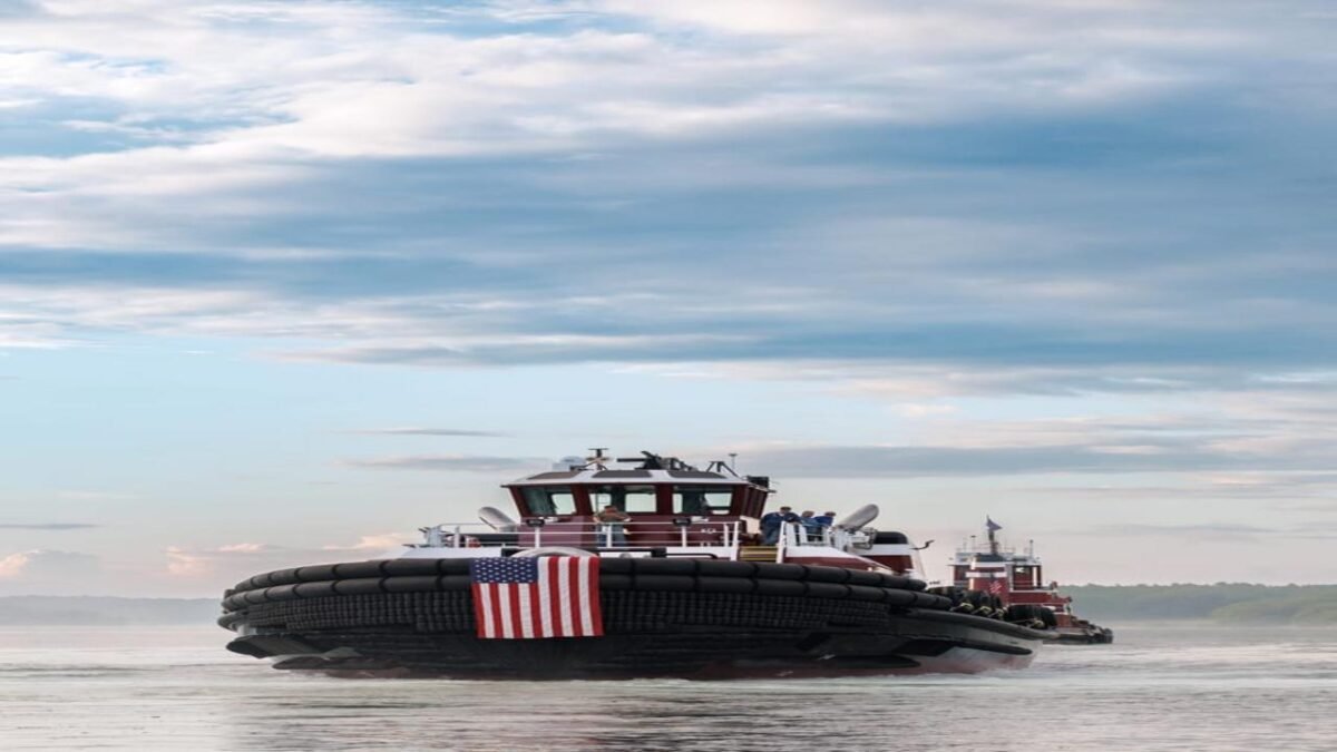 McAllister Towing's new MARY McALLISTER tugboat sailing on the water.