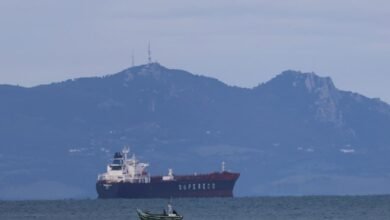 A large oil tanker ship sails on blue ocean waters under a clear sky.