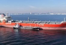 Japan's Kokuryu Maru chemical tanker receives methanol in a ship-to-ship bunkering.