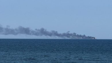 A cargo ship docked near port infrastructure with smoke rising from a recent attack in Odesa.