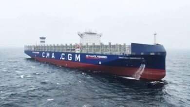 CMA CGM Berenice methanol dual-fuel containership sailing on the water.