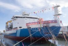 Japan's Mirai II, MOL's LNG-powered Arctic research vessel, on the water.