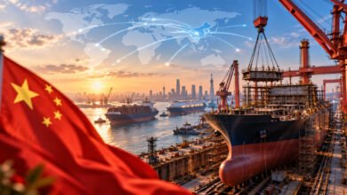 A large cargo ship under construction at a bustling Chinese shipyard.