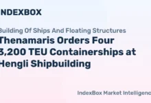 A large containership sails, representing Thenamaris's expanded boxship fleet.