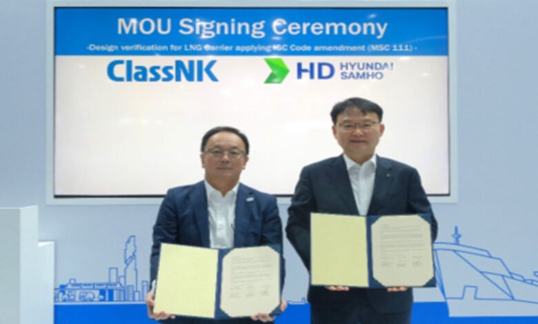 Conceptual illustration of an LNG carrier, focus of the HD Hyundai Samho and ClassNK design.