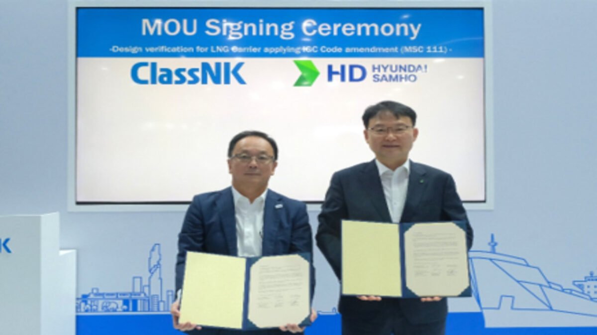 Conceptual illustration of an LNG carrier, focus of the HD Hyundai Samho and ClassNK design.