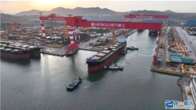 China's Hengli Shipyard with large vessels under construction and numerous cranes.