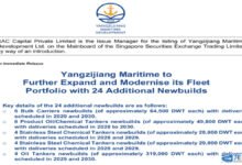A large, modern cargo ship from Yangzijiang Shipbuilding sails on open water.