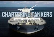 A massive crude oil tanker navigates open waters, representing the shipping industry.