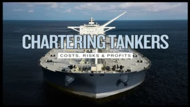 A massive crude oil tanker navigates open waters, representing the shipping industry.