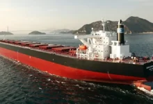 A large Newcastlemax bulk carrier ship sails on the open ocean.