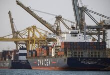 Container ships and cranes at a busy European port terminal.