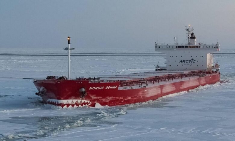 An ice-class cargo vessel navigates through thick ice in an Arctic region with snow-capped mountains.