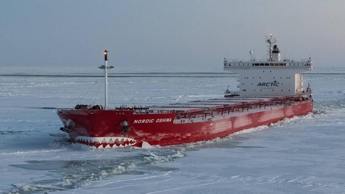 An ice-class cargo vessel navigates through thick ice in an Arctic region with snow-capped mountains.