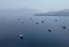 A large cargo ship transits through the strategic Strait of Hormuz.