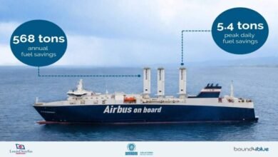 Large cargo vessel equipped with Bound4blue eSAIL suction sails on the open sea.