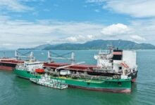 Ship-to-ship methanol bunkering operation between two large vessels at Guangzhou Port.