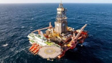 The Deepsea Bergen semi-submersible drilling rig operating at sea.