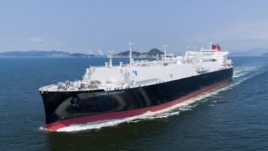 K Line's new dual-fuel LNG carrier TOHO EMERALD sails on calm waters.