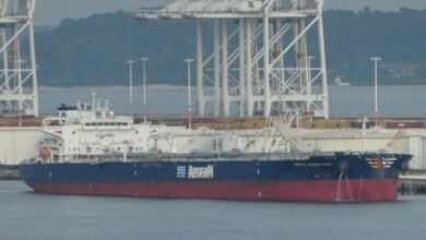 Modern aframax tanker Green Adventure sails on the ocean.