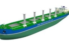 Model of a sustainable ethanol-fueled bulk carrier with Flettner rotors.