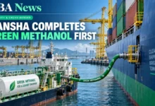 An international boxship receives green methanol bunkering at Nansha terminal, Guangzhou Port.