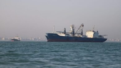 Aerial view of the Strait of Hormuz, a vital shipping passage.