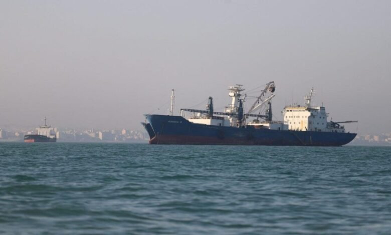 Aerial view of the Strait of Hormuz, a vital shipping passage.