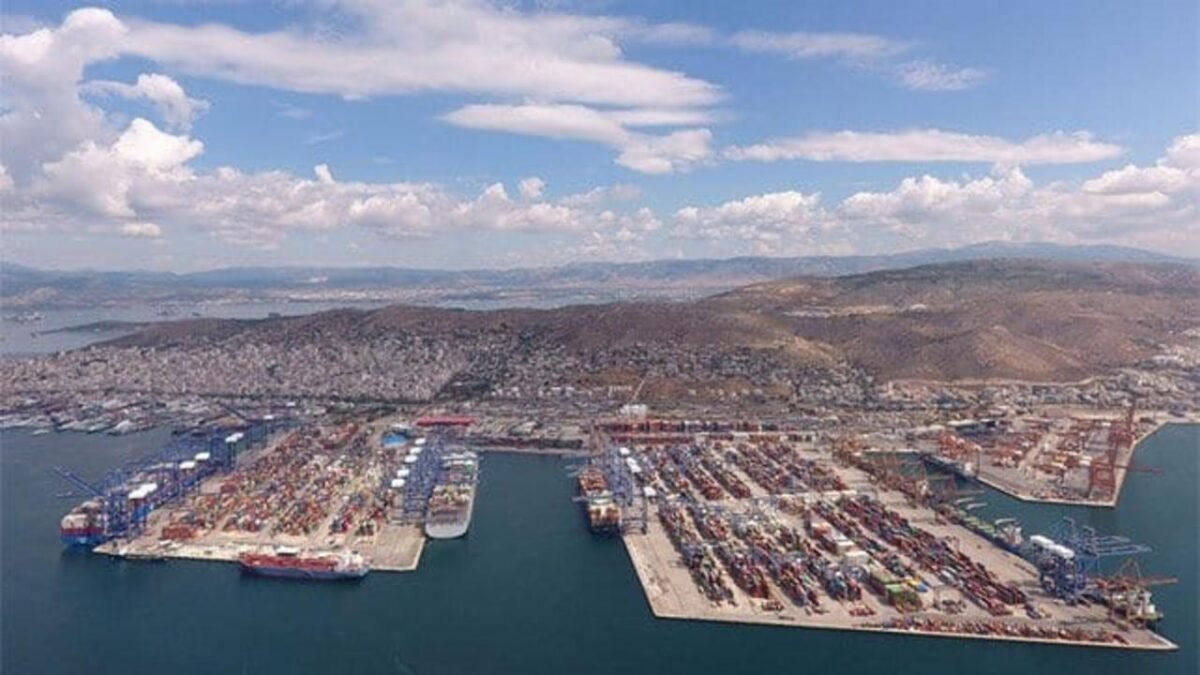 Container ships and cranes at COSCO-managed Piraeus Port container terminal.