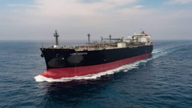 IINO Lines' new Ice Class VLGC Lumi Aurora, an LPG dual-fuel vessel, sailing.