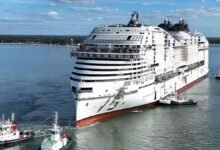 The new LNG-fuelled MSC World Atlantic cruise ship floating on water.