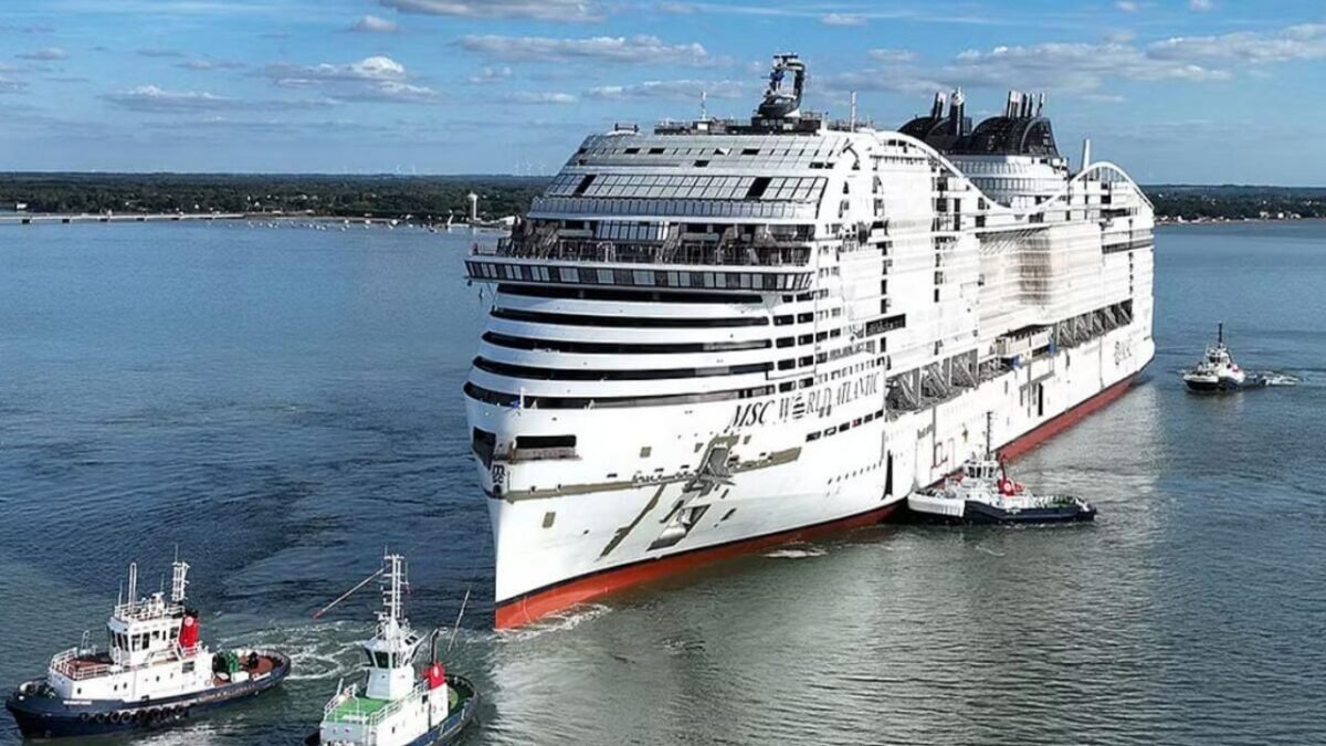 The new LNG-fuelled MSC World Atlantic cruise ship floating on water.