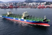 A large red HMM container ship loaded with stacked containers sails on the ocean.