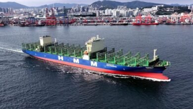 A large red HMM container ship loaded with stacked containers sails on the ocean.