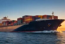 Large container ship navigating a busy port, symbolizing global maritime trade.