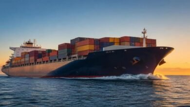 Large container ship navigating a busy port, symbolizing global maritime trade.
