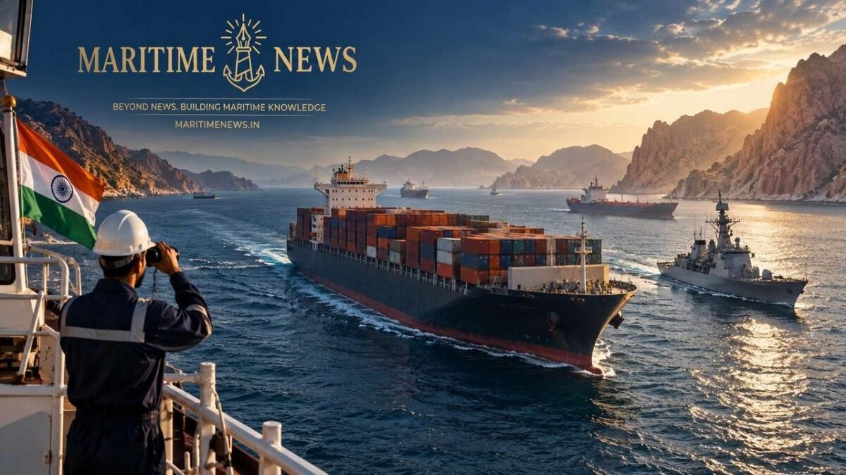 Ships navigating a busy strait, illustrating the Hormuz Crisis impacting Indian maritime trade.