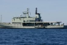 The HMAS Leeuwin navy ship at sea.