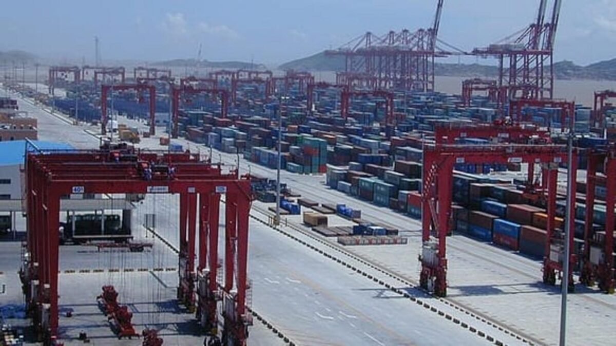 Container ships docked at the advanced Yangshan Deep-water Port of Shanghai, with multiple cranes loading cargo.