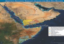 Map showing the Gulf of Aden, Red Sea, Yemen, and Houthi-affected shipping routes.