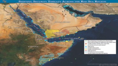 Map showing the Gulf of Aden, Red Sea, Yemen, and Houthi-affected shipping routes.