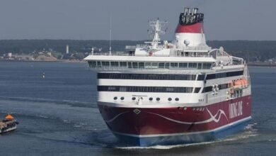 The red and white Viking XPRS passenger ferry sails on water under a clear sky.