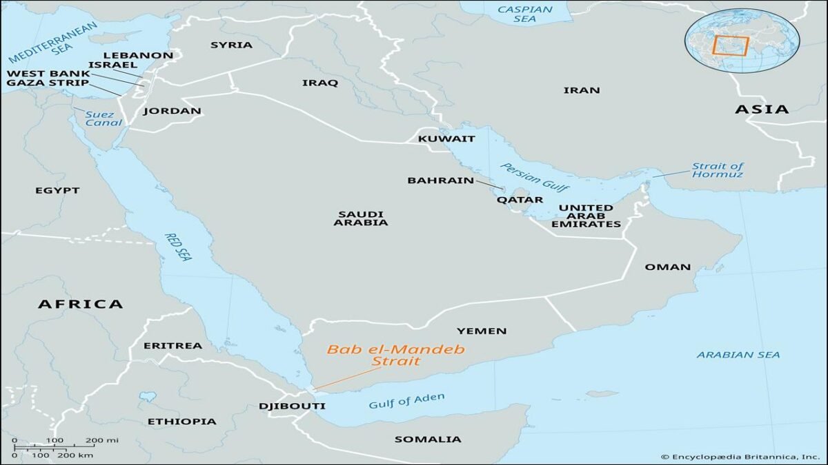 Locator map of the Bab el-Mandeb Strait, connecting the Red Sea to the Gulf of Aden.