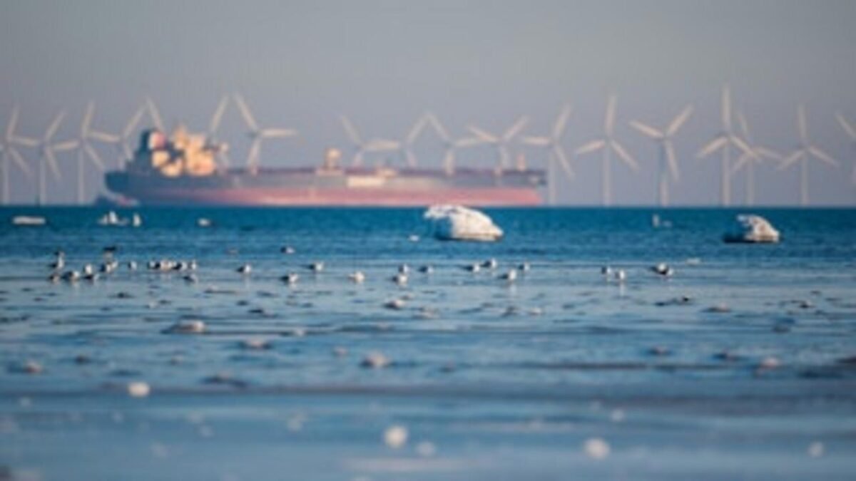 An offshore wind turbine stands at sea, symbolizing climate protection and clean energy efforts.