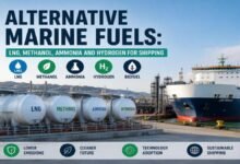 A cargo ship with tanks labeled for LNG, methanol, ammonia, and hydrogen alternative marine fuels.
