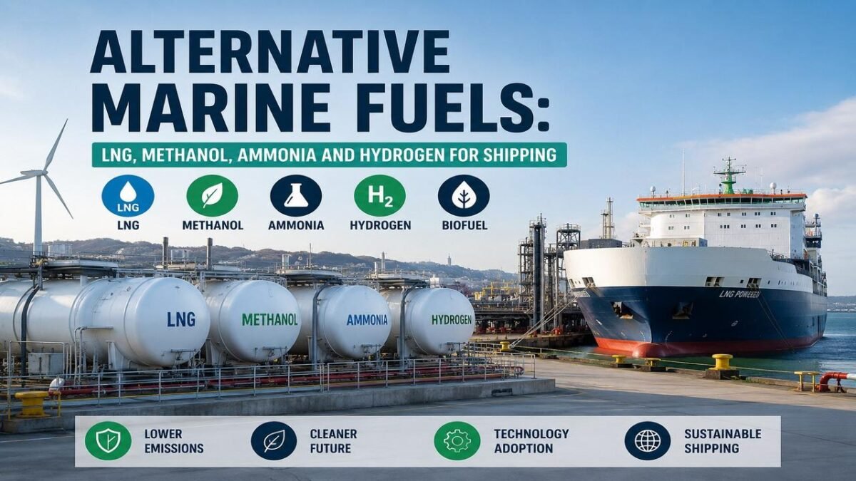 A cargo ship with tanks labeled for LNG, methanol, ammonia, and hydrogen alternative marine fuels.
