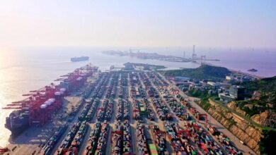 A large container ship sails at sea, symbolizing the Shanghai-Melbourne Green Shipping Corridor.