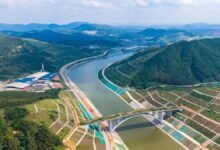 A large container ship navigates a waterway, symbolizing China's new Pinglu Canal gateway.