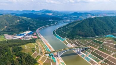 A large container ship navigates a waterway, symbolizing China's new Pinglu Canal gateway.