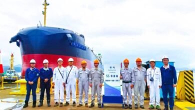 The methanol dual-fuel Kamsarmax bulk carrier Kypros Island docked at a shipyard.